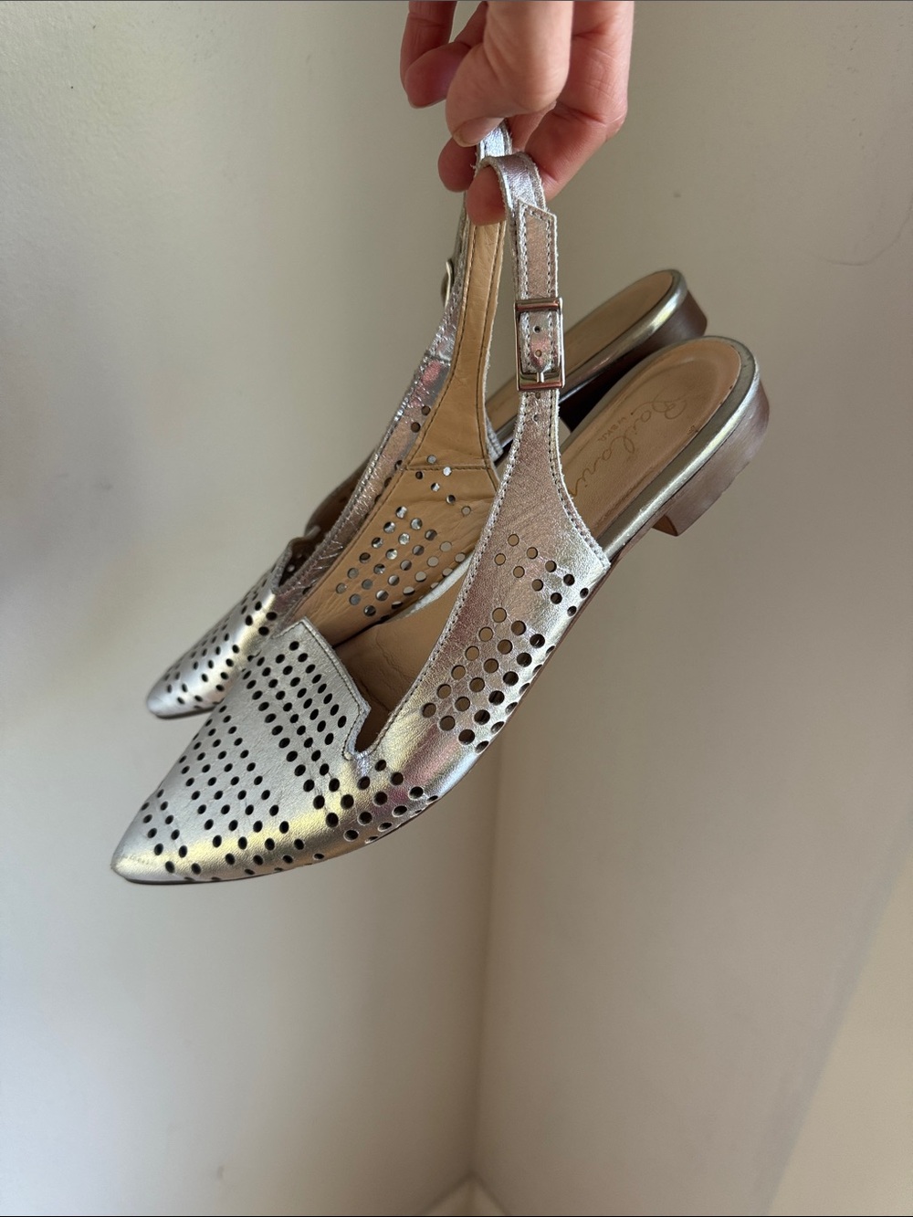 Metallic Silver Perforated Slingback Flats